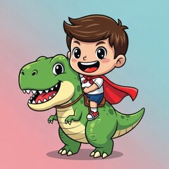 Cartoon Boy Riding a Dinosaur with Cape Illustration.