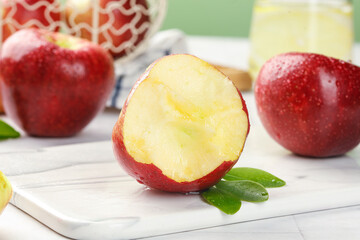 Fresh Red Apples with Dew Drops on White Wooden Board - Healthy Fruit Snack