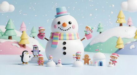 Adorable 3D Winter Wonderland Scene with Snowman and Friends