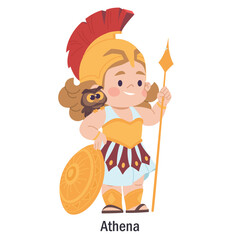 Ancient Greek goddess Athena. Character of the Olympic goddess of wisdom and just war. Deity with an owl, helmet, shield, armor and spear. Cartoon character of classical mythology