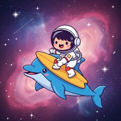 Astronaut Surfing on a Dolphin in the Cosmic Ocean, Whimsical Illustration.