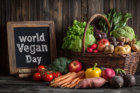a chalkboard sign reads world vegan day beside a basket of vegetables