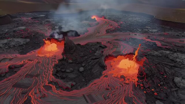 Aerial View of Glowing Lava Flow at Night