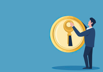 Businessman holding large golden key to unlock oversized coin keyhole representing financial success investment opportunity profit gain concept flat vector illustration