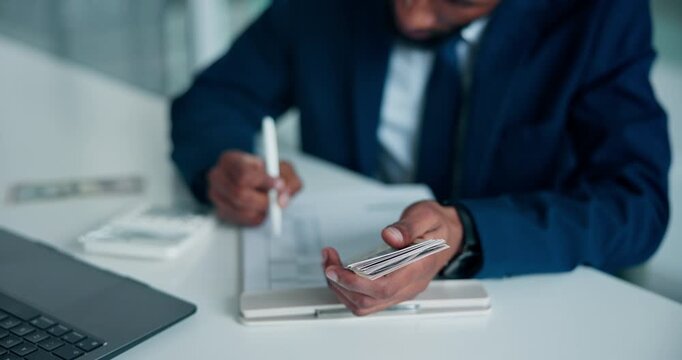 Hands, accounting and cash in office with documents, writing and financial report at company. Person, money and paperwork with clipboard, checklist and review with admin for tax compliance at agency