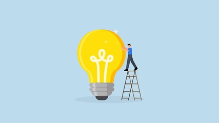 intelligent entrepreneur ascends ladder to maintain and shine lightbulb for top notch idea