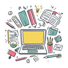 Hand drawn colorful doodle laptop surrounded by books pencils papers and learning tools education technology concept vector illustration for e learning and online study design