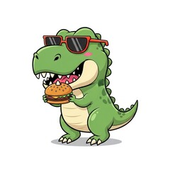 Cute Cartoon Dinosaur Wearing Sunglasses Eating a Burger.