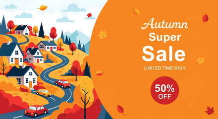 Adobe illustrator artwork vector illustration of an autumn super sale banner with a charming village landscape, winding roads, colorful trees, and cars, offering 50% off