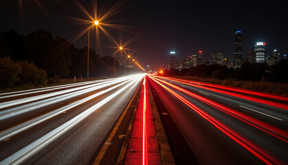 Nighttime highway with streaks of light from cars in urban setting  