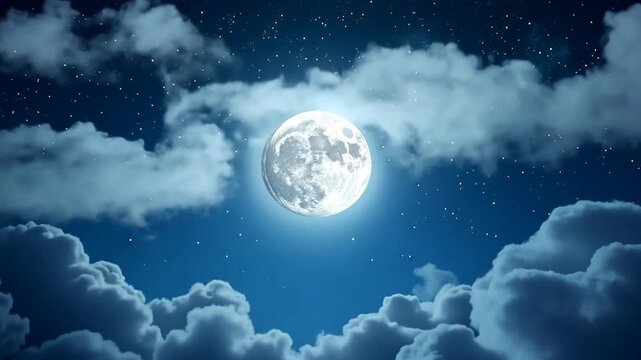 A brilliant full moon illuminates a serene night sky filled with countless twinkling stars, casting a magical glow over a bed of soft, ethereal clouds.
