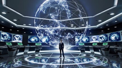 technician observes futuristic globe visualization, individual monitors advanced holographic map of earth, person watches hightech holographic world map in command center - Powered by Adobe