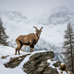 Alpine ibex standing on a snowy rock ledge with mountains and trees in the background on a winter day