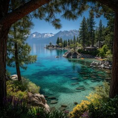 Tranquil Lake Vista Framed by Trees and Distant Peaks