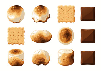 Marshmallow vector illustration of toasted marshmallows and chocolate bars with graham crackers on white background for dessert and food design