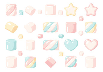 Colorful marshmallow vector graphics with various shapes and pastel colors on white background