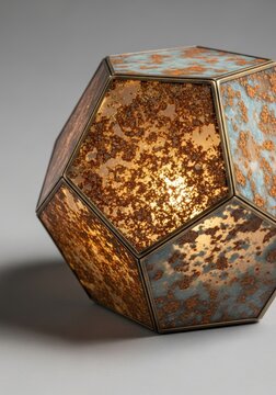 Faceted Dodecahedron Structure Bronze Framed Panels Mottled Blue and Rust Texture Interior Light