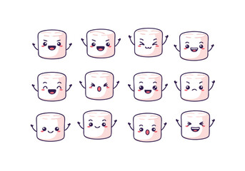 A set of colorful marshmallow vector illustrations with various happy and playful facial expressions on white background for design and decoration