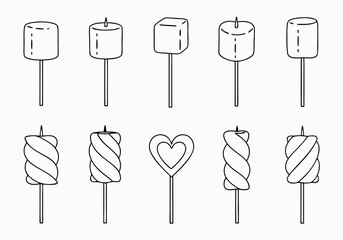 A set of colorful marshmallow vector illustrations on sticks with various shapes and designs for food or dessert concepts