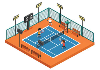 Adobe illustrator artwork vector illustration of two players on an isometric tennis court. Ideal for sports, recreation, competition, and fitness themes