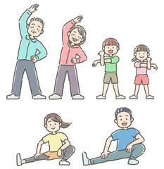 ストレッチをする3世代家族
