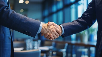 Elegant handshake signifies successful deal in modern office space