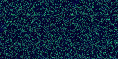 Elegant dark blue background with a repeating seamless pattern of glowing teal floral swirls and leaves