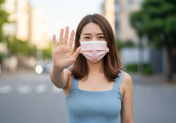 Woman wearing mask holding hand up showing stop gesture during pandemic, health concept