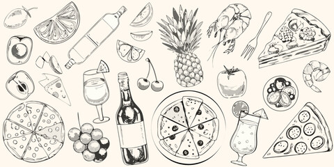 Hand drawn sketch collection of delicious food and drinks including pizza fruit and seafood