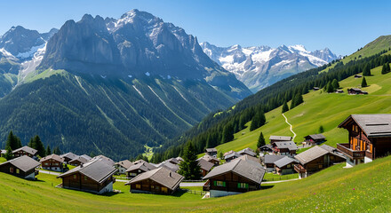 Stoos alpine village and mountain ridge panorama - Switzerland scenic view
