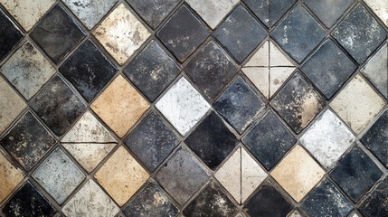 Diamond shaped tile floor aged appearance various colors