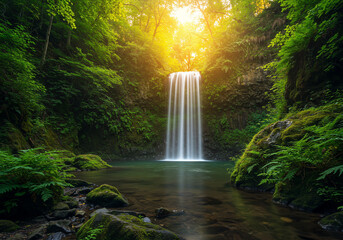 A scenic waterfall cascades into a clear pool surrounded by lush green vegetation and moss-covered rocks, illuminated by sunlight filtering through the forest canopy.