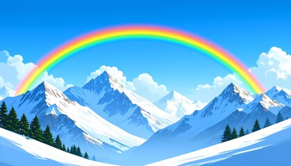 Majestic mountain range scenery featuring a vibrant rainbow arc over snow-capped peaks