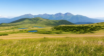 Fototapeta premium Kiyosato plateau rolling grasslands with Yatsugatake Mountains - Kiyosato highland meadow
