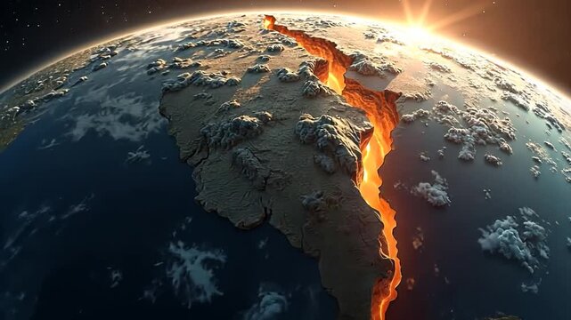 A catastrophic planetary event seen from orbit, as a massive, glowing fissure of magma splits the Earth's crust apart under the light of a rising sun.
