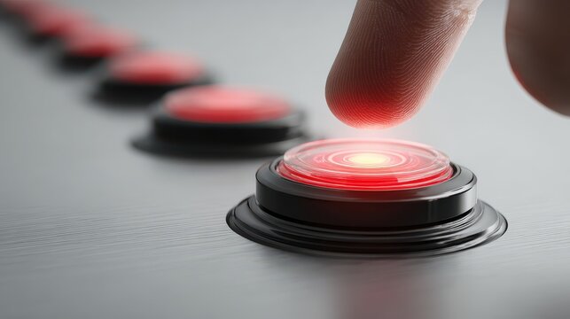 Finger pressing red glowing button