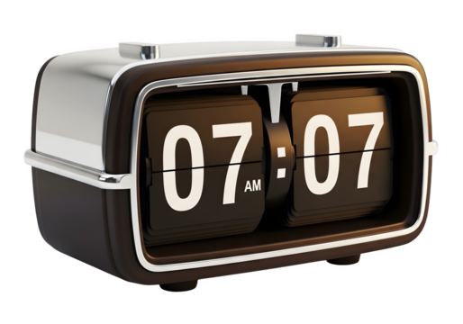 Vintage flip clock isolated on transparent background, a retro timepiece showcasing its nostalgic charm and unique design, displaying the time 0707 am - Powered by Adobe