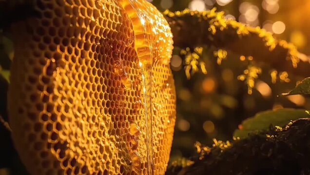 Sun-kissed wild honeycomb dripping with fresh golden nectar on a mossy tree branch in a vibrant forest