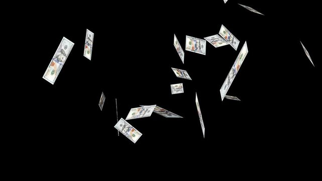 Dollar bills falling on green screen stock video. Raining money stock video over green screen chroma key background 4k. Money explosion overlay isolated Background. Banknotes money flying down