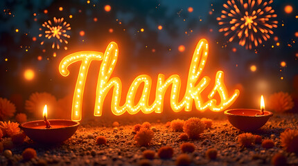 Glowing "Thanks" Message with Diwali Diyas and Fireworks