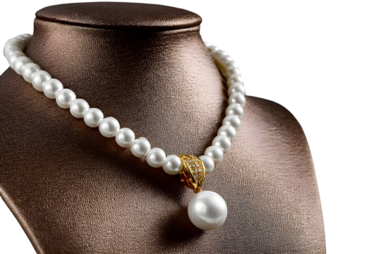 Elegant white pearl necklace with sparkling diamond pendant on a mannequin