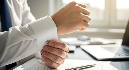 Male professional hand adjusting silver cufflink, blurred office desk background, lifestyle detail photography for corporate fashion and business branding
