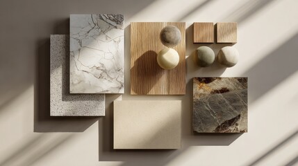 Flat lay of neutral-toned design samples featuring oak wood, beige marble, and matte stone, soft shadows, warm natural lighting, aesthetic Pinterest vibe