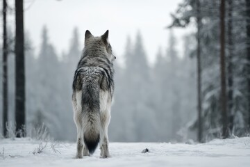 Wolf Back. Magnificent Grey Wolf Standing Proud in Winter Snow Portrait