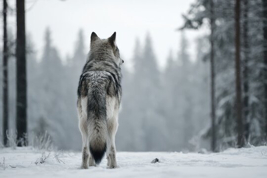 Wolf Back. Magnificent Grey Wolf Standing Proud in Winter Snow Portrait