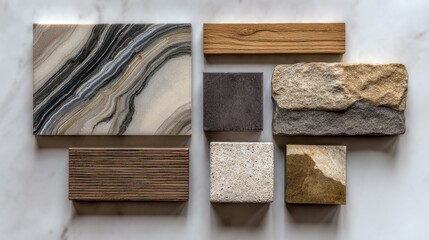 Flat lay with high-end materials, veined marble, oak wood, natural stone, minimalist earthy tones, elegant modern home design concept