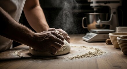 Baker kneading artisan sourdough dough on floured countertop, cinematic side lighting, food photography for rustic bakery branding