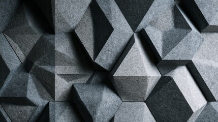 Grey acoustic panels forming artistic geometric patterns on modern office wall, professional work environment, soft shadows