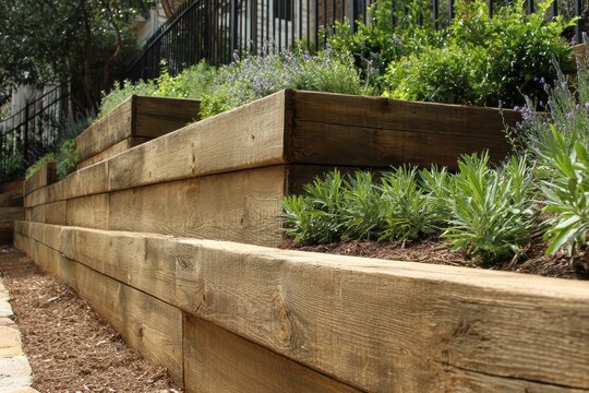 Wood Retaining Wall. Detail of Pressure Treated Structural Pine in Green Garden Background