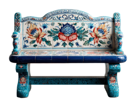 Decorative ceramic bench furniture design colorful isolated on transparent background